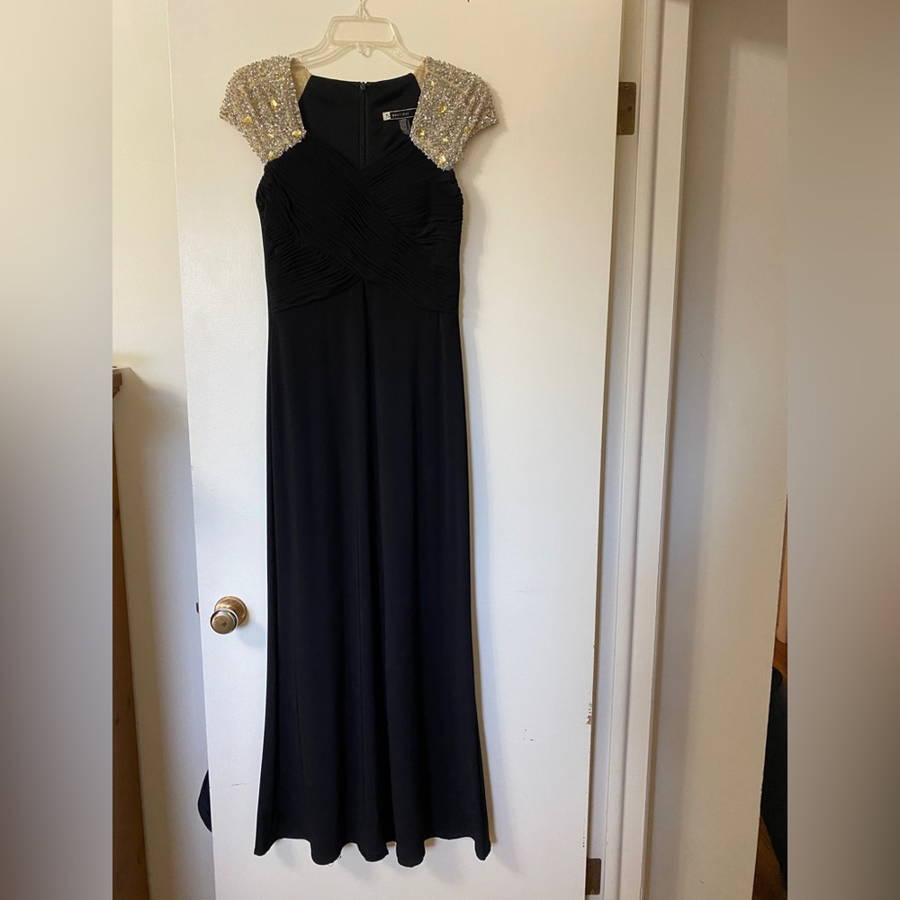 JS Boutique Black Evening Gown with Beaded Sleeves